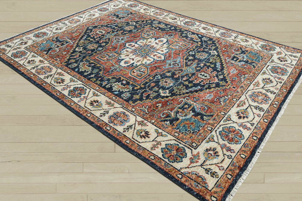 Multi Size Navy Ivory Brunt Orange Color Hand Knotted Oushak Wool Traditional Oriental Rug