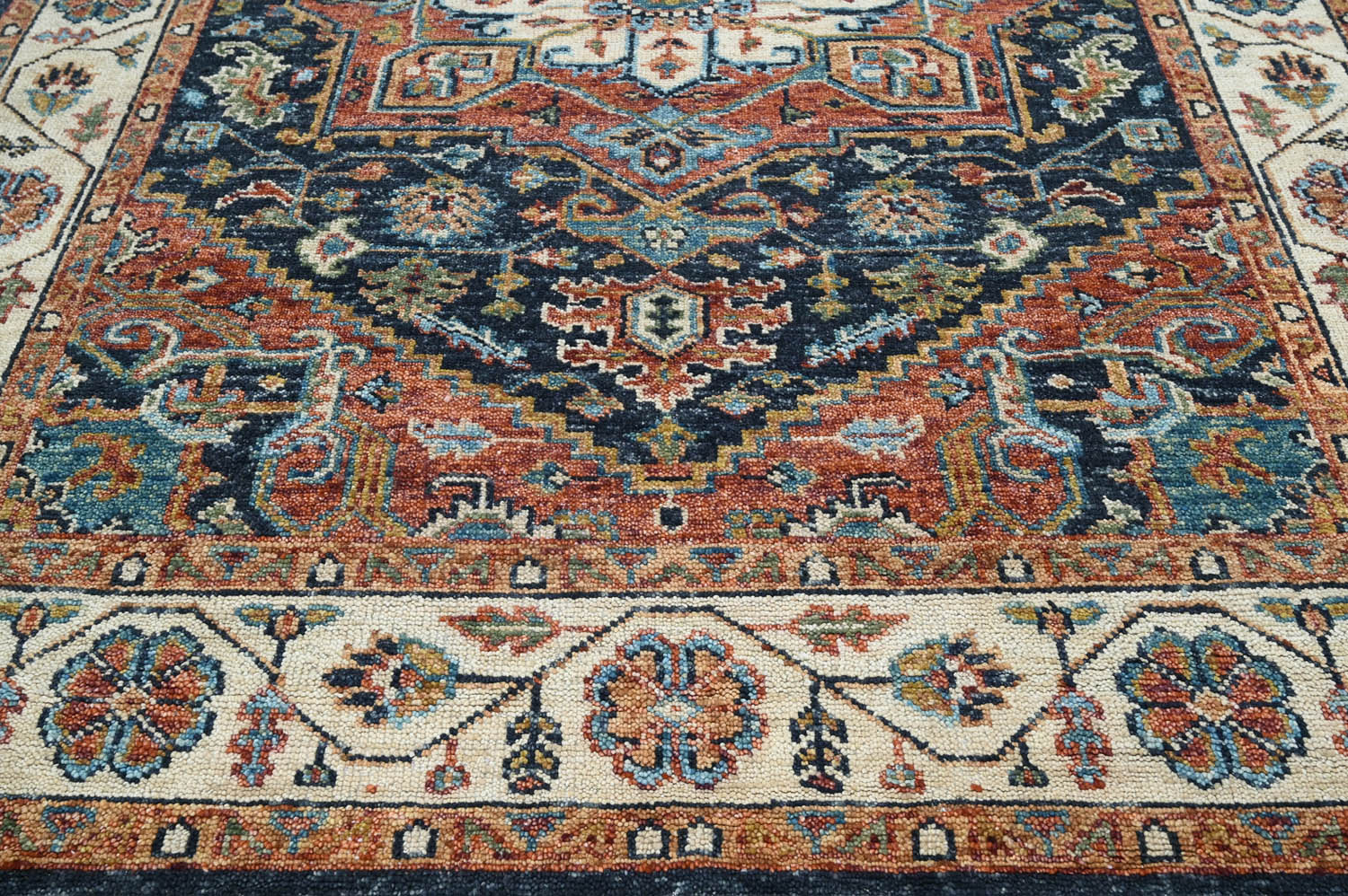Multi Size Navy Ivory Brunt Orange Color Hand Knotted Oushak Wool Traditional Oriental Rug