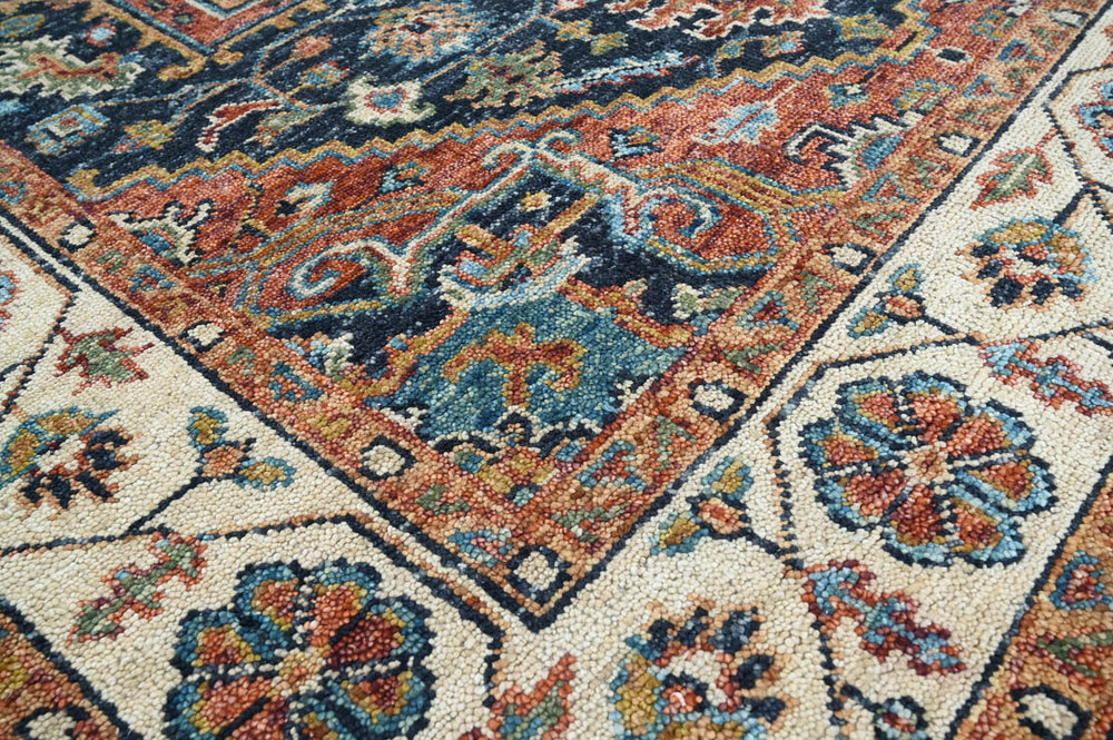 Multi Size Navy Ivory Brunt Orange Color Hand Knotted Oushak Wool Traditional Oriental Rug