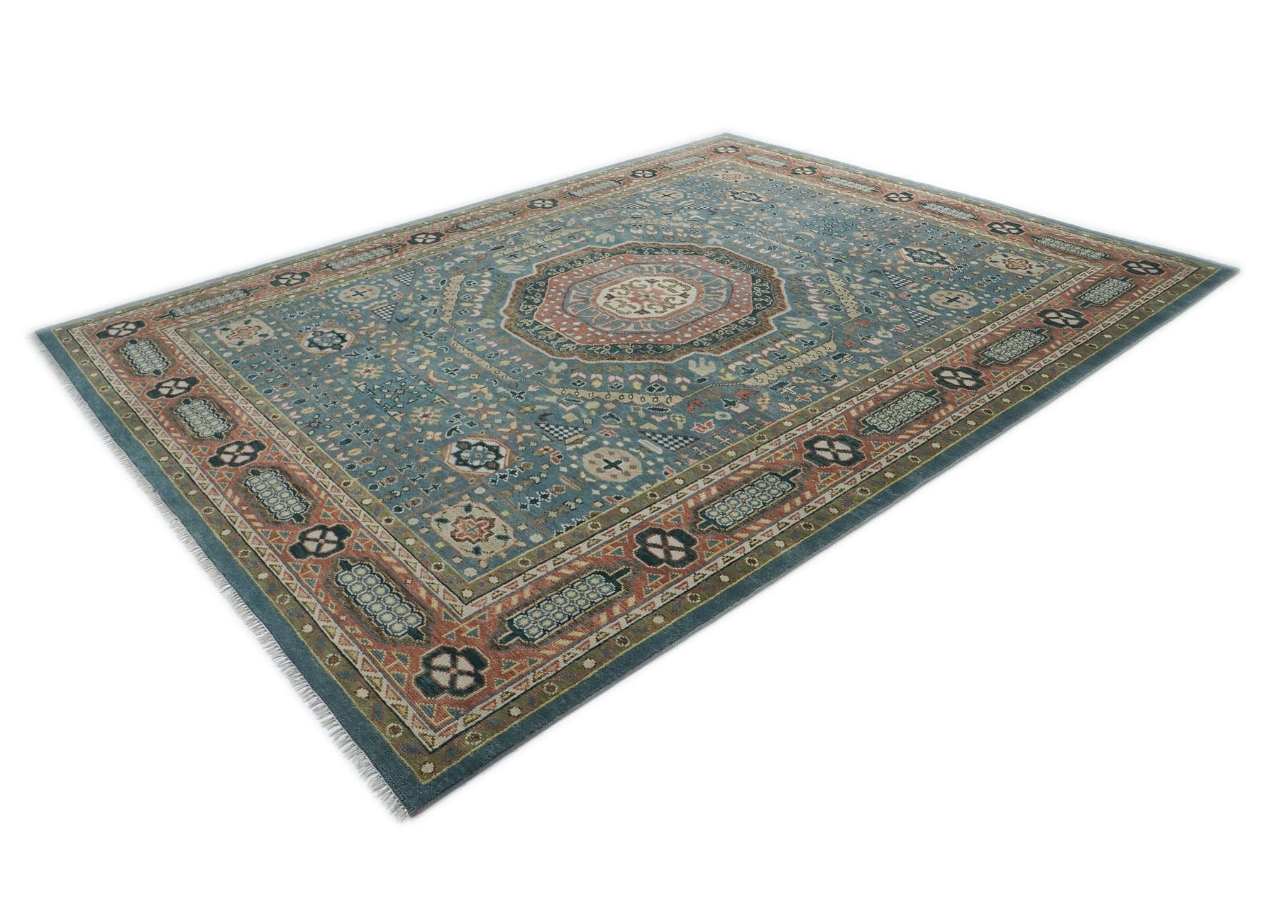12x15 Blue, Rose, Green Color Hand Knotted Oushak Wool Traditional Oriental Rug