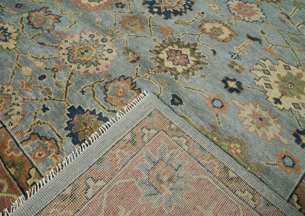 12x15 Blue, Peach, Lime Color Hand Knotted Oushak Wool  Oriental Rug