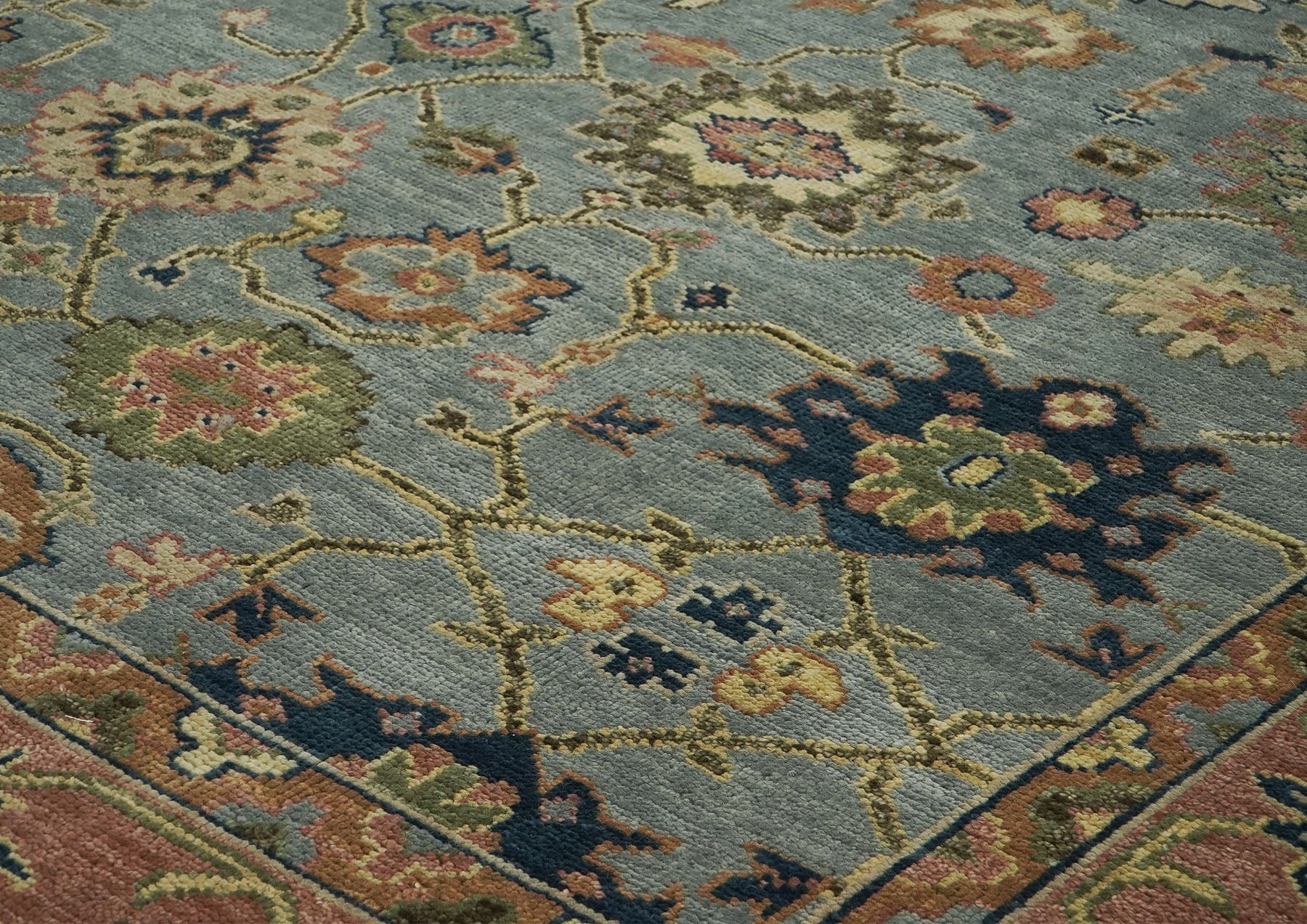 12x15 Blue, Peach, Lime Color Hand Knotted Oushak Wool  Oriental Rug