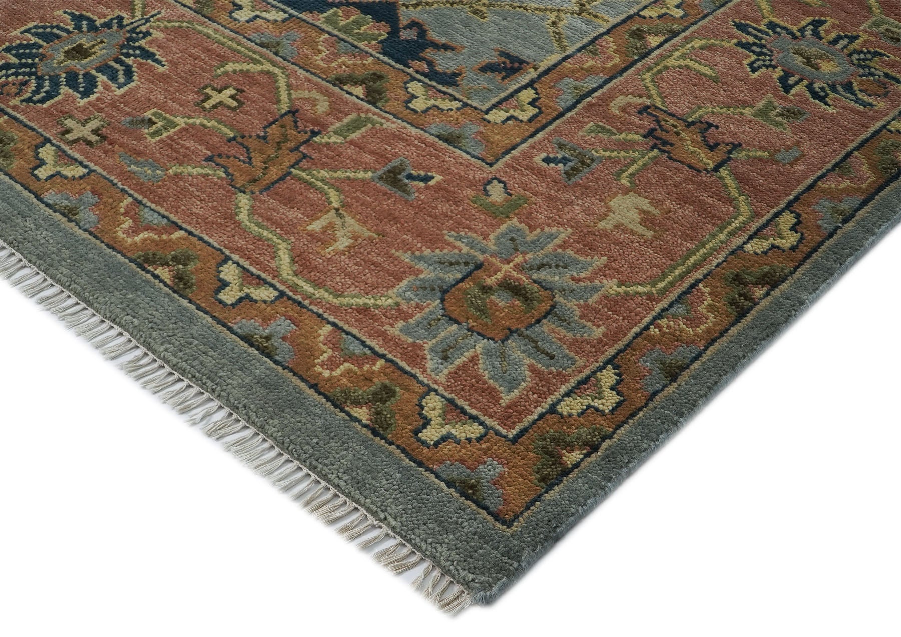 12x15 Blue, Peach, Lime Color Hand Knotted Oushak Wool  Oriental Rug
