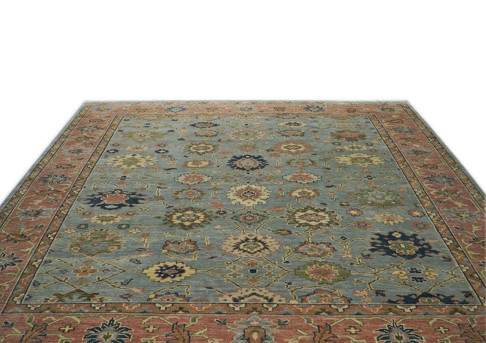 12x15 Blue, Peach, Lime Color Hand Knotted Oushak Wool  Oriental Rug