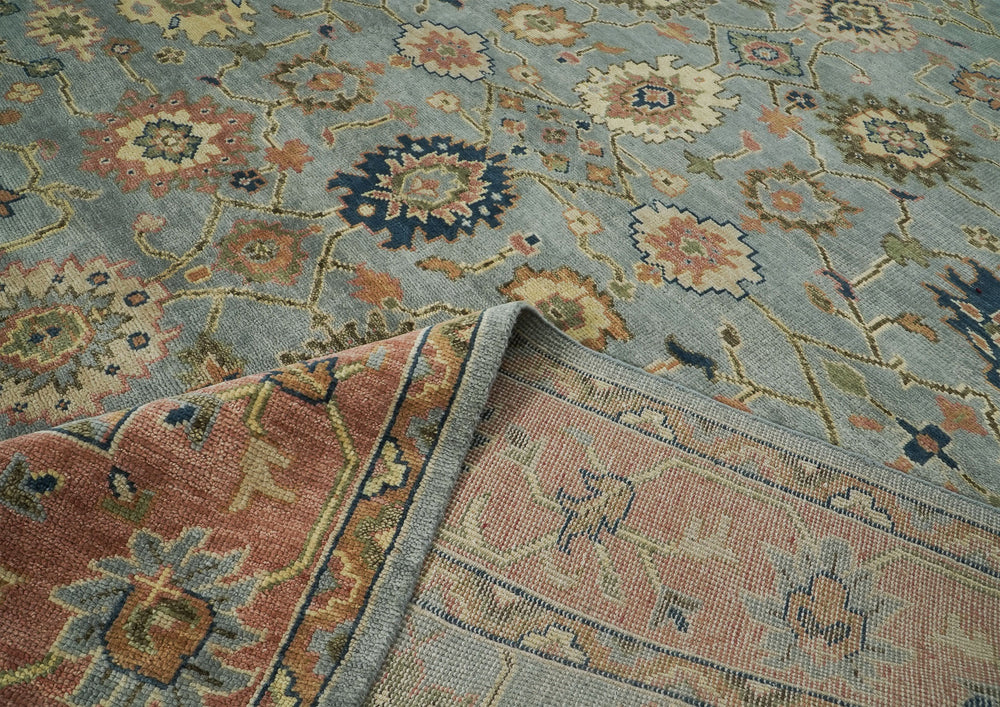 12x15 Blue, Peach, Lime Color Hand Knotted Oushak Wool  Oriental Rug