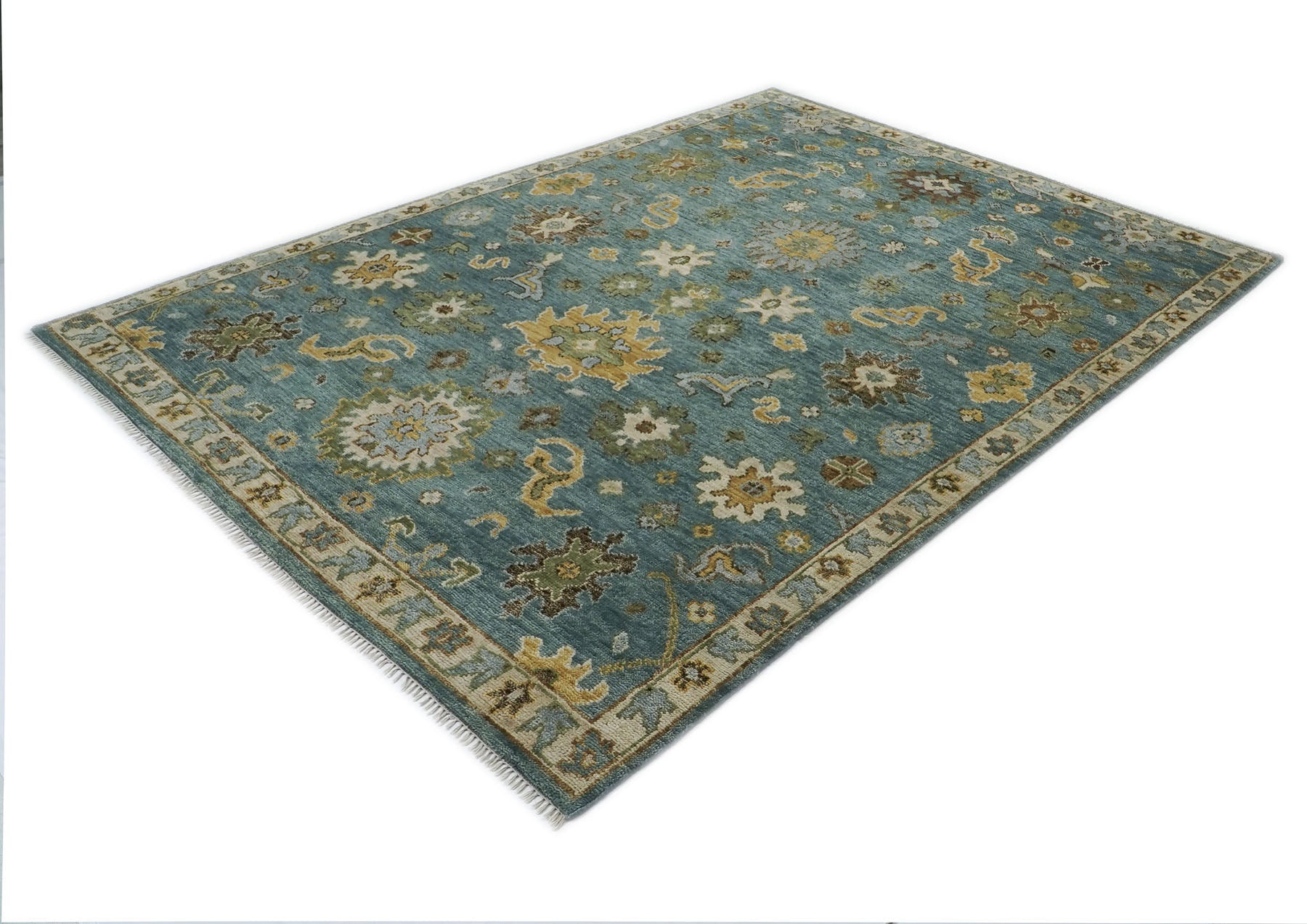 9x12 Celadon, Lime, Gold Color Hand Knotted Oushak Wool  Oriental Rug