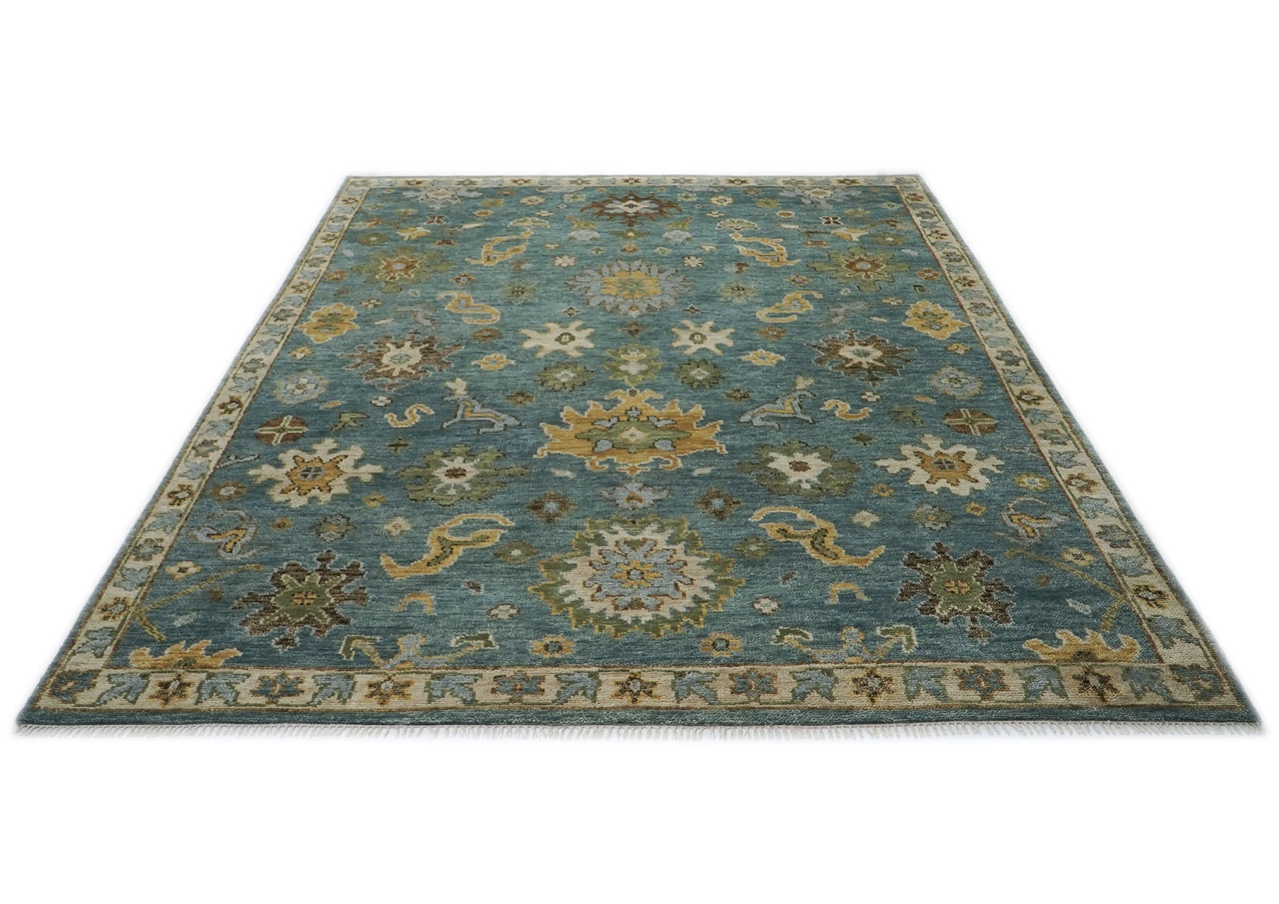 9x12 Celadon, Lime, Gold Color Hand Knotted Oushak Wool  Oriental Rug