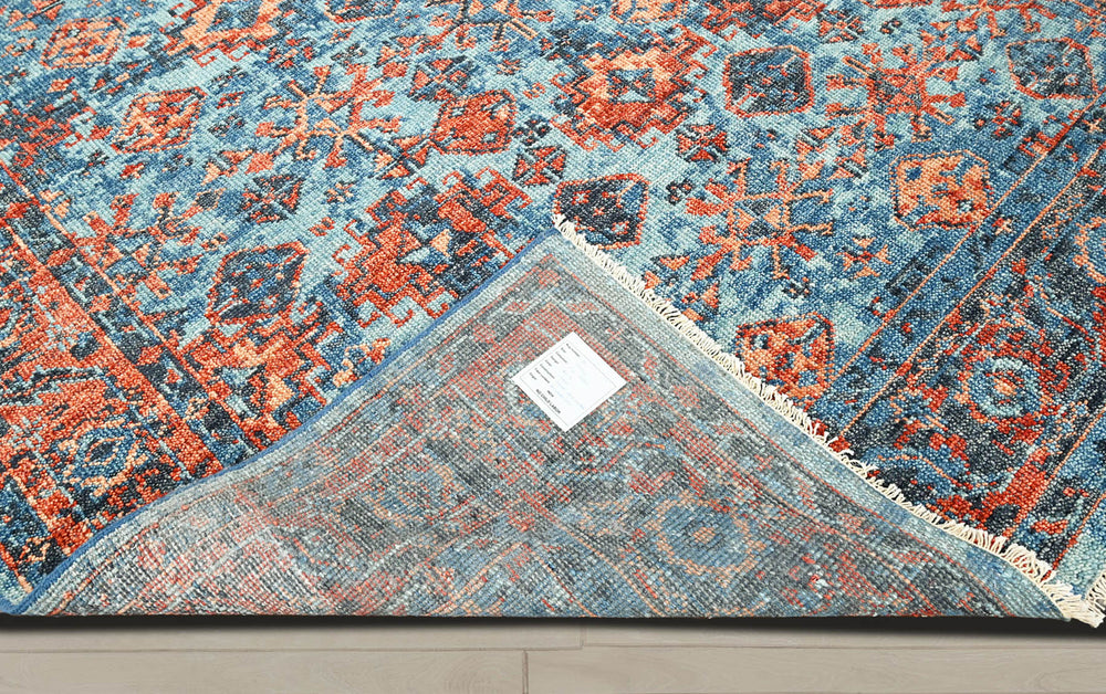 Multi Size Blue Burnt Orange Peach Color Hand Knotted Indo Oushak Wool Traditional Oriental Rug
