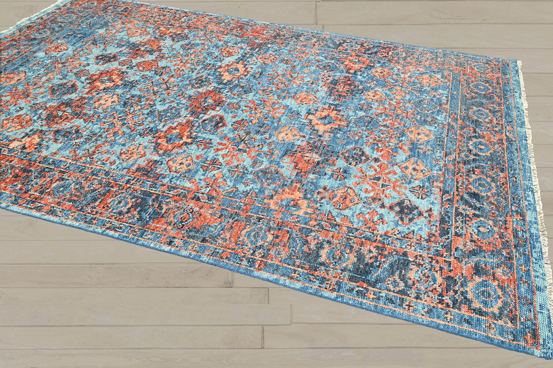 Multi Size Blue Burnt Orange Peach Color Hand Knotted Indo Oushak Wool Traditional Oriental Rug