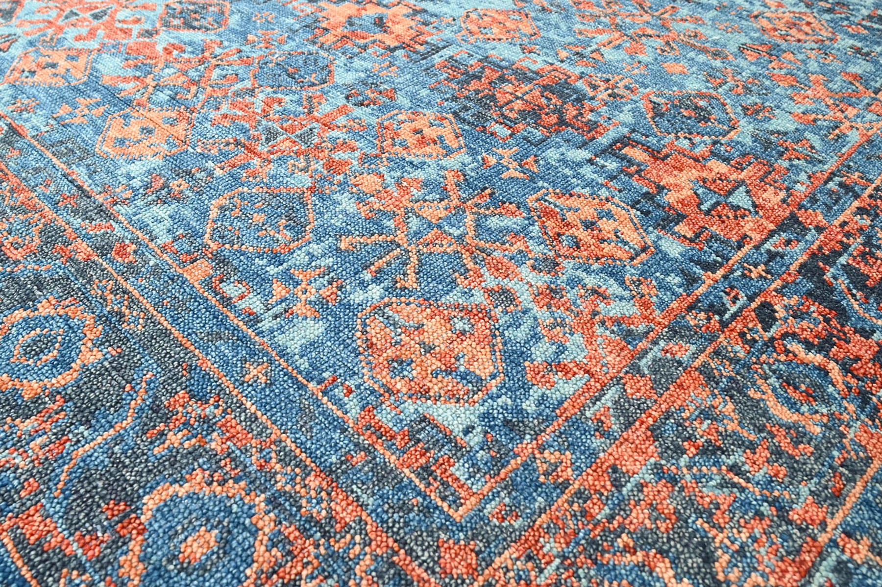 Multi Size Blue Burnt Orange Peach Color Hand Knotted Indo Oushak Wool Traditional Oriental Rug