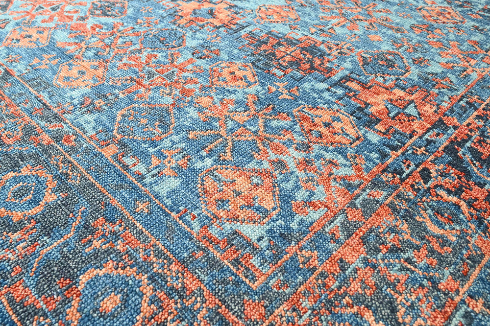 Multi Size Blue Burnt Orange Peach Color Hand Knotted Indo Oushak Wool Traditional Oriental Rug