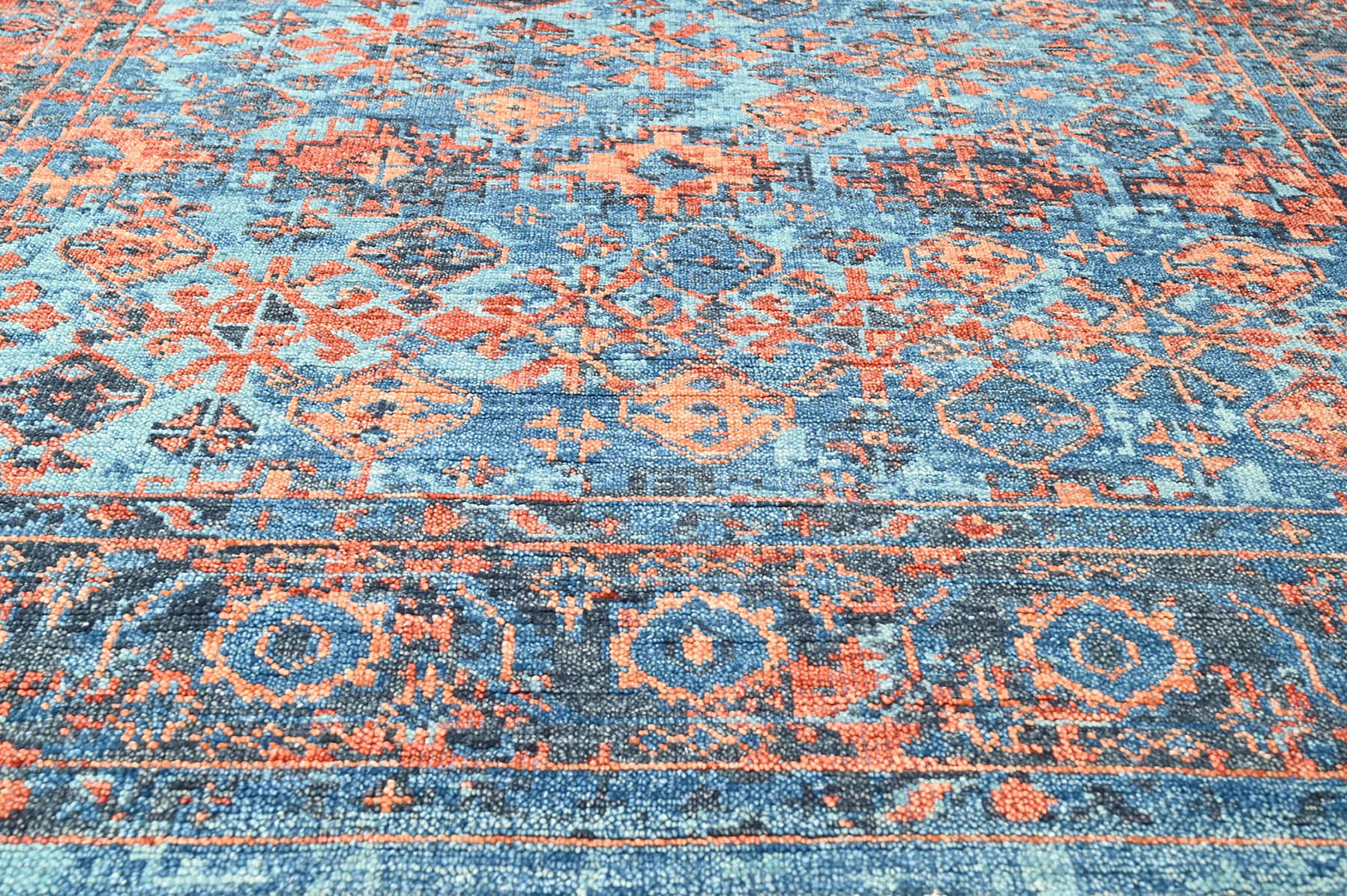 Multi Size Blue Burnt Orange Peach Color Hand Knotted Indo Oushak Wool Traditional Oriental Rug