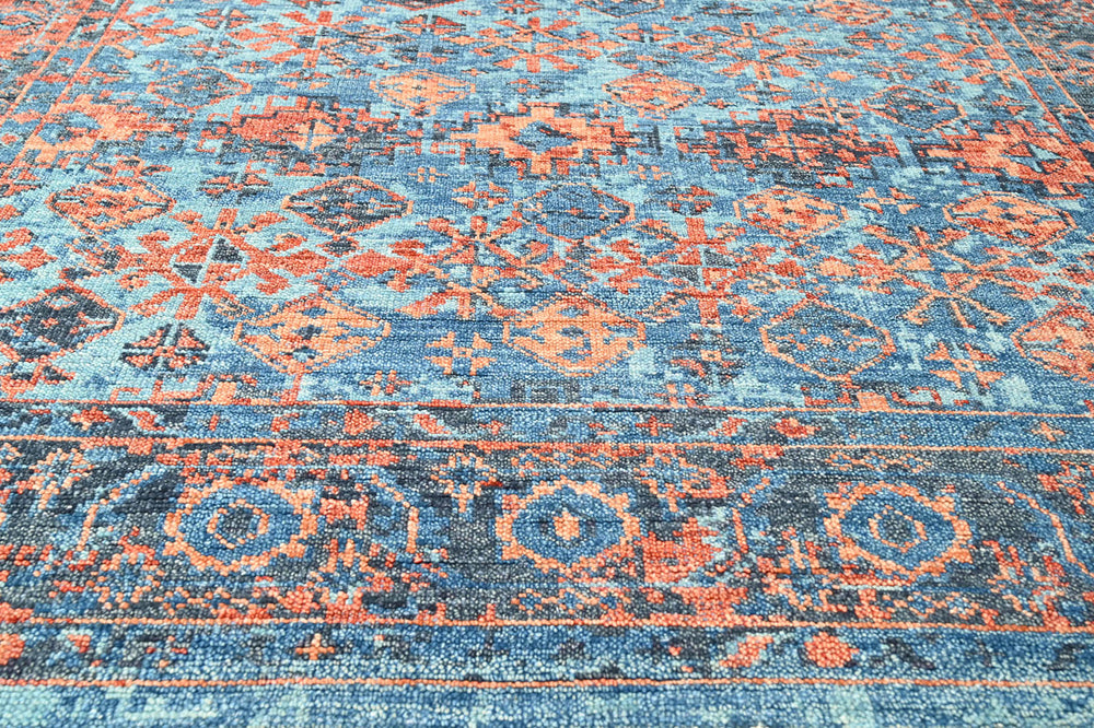 Multi Size Blue Burnt Orange Peach Color Hand Knotted Indo Oushak Wool Traditional Oriental Rug