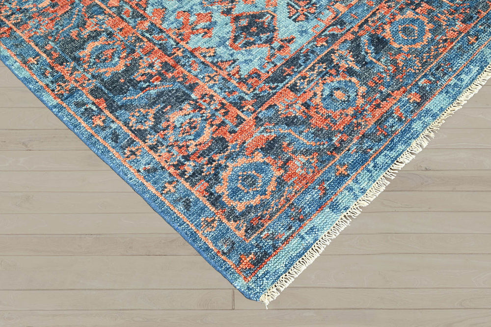 Multi Size Blue Burnt Orange Peach Color Hand Knotted Indo Oushak Wool Traditional Oriental Rug