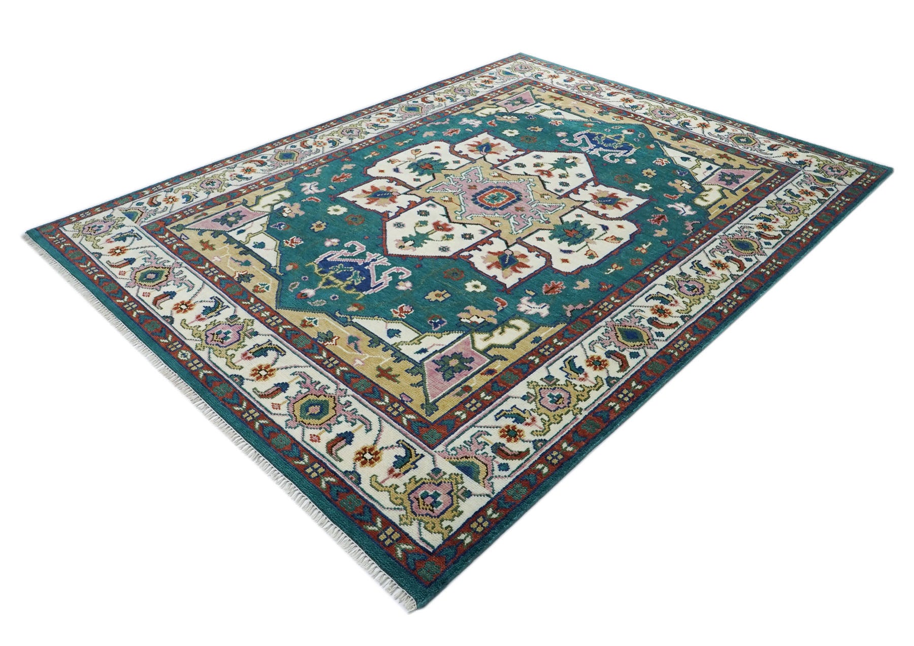 9x12 Teal, Ivory, Green Color Hand Knotted Oushak Wool  Oriental Rug