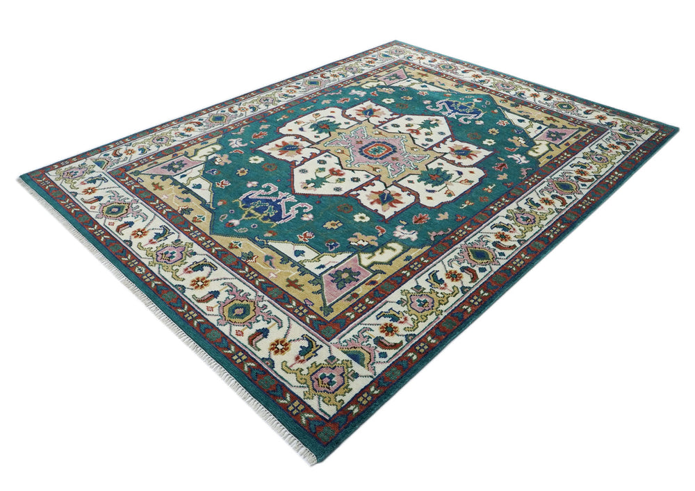 9x12 Teal, Ivory, Green Color Hand Knotted Oushak Wool  Oriental Rug