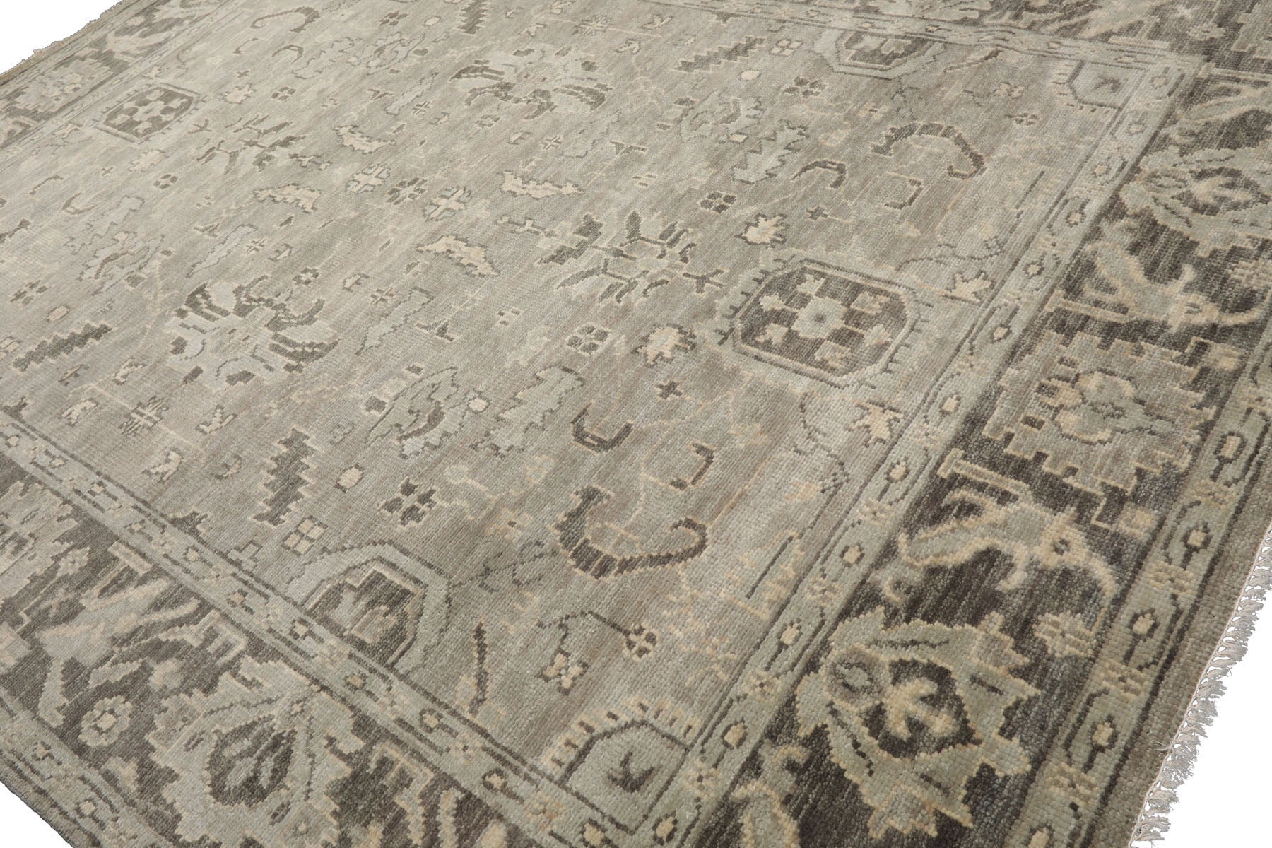 Multi Size Gray Beige Moss Color Hand Knotted Oushak Wool Traditional Oriental Rug