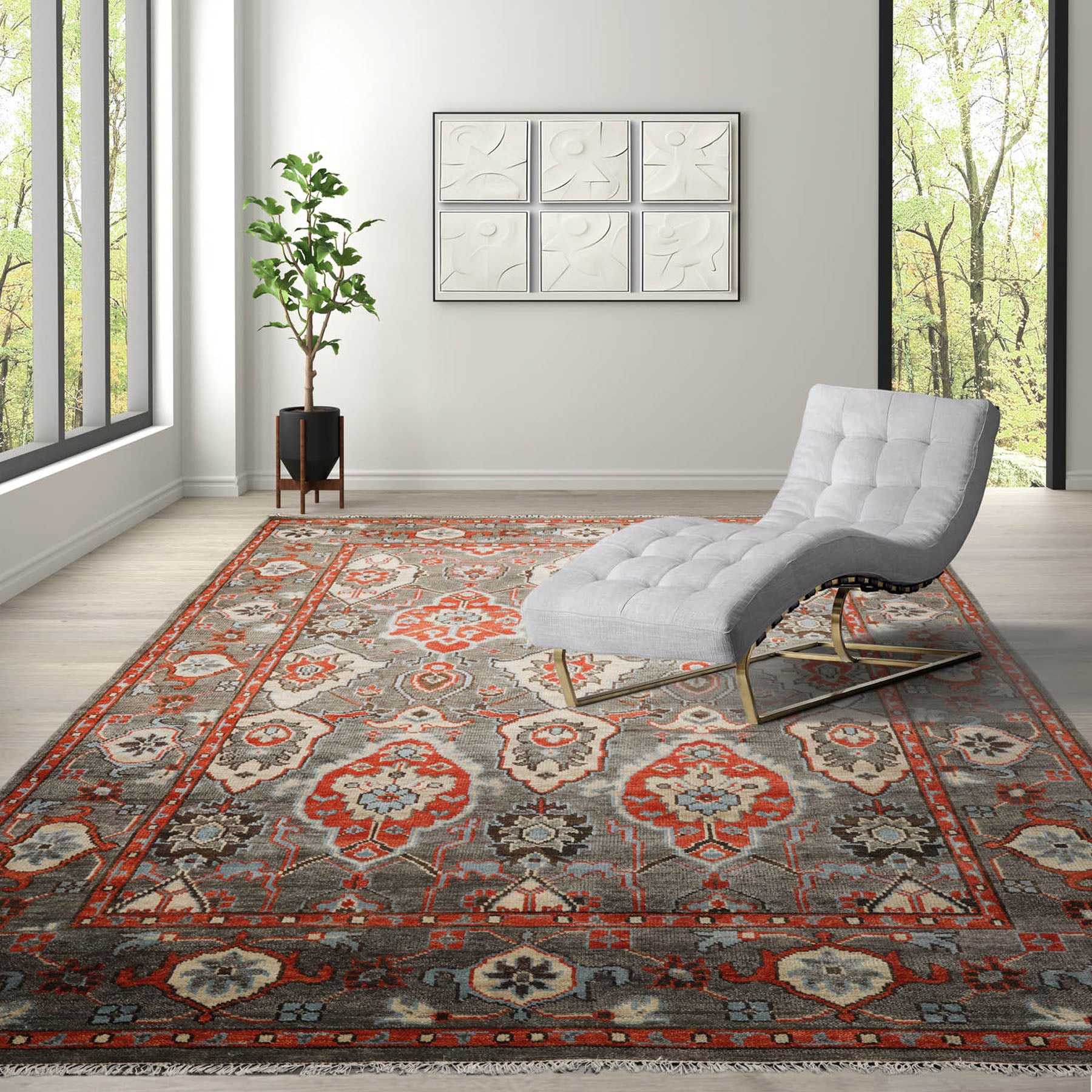 Multi Size Gray Ivory Pink Color Hand Knotted Turkish Oushak Wool Traditional Oriental Rug