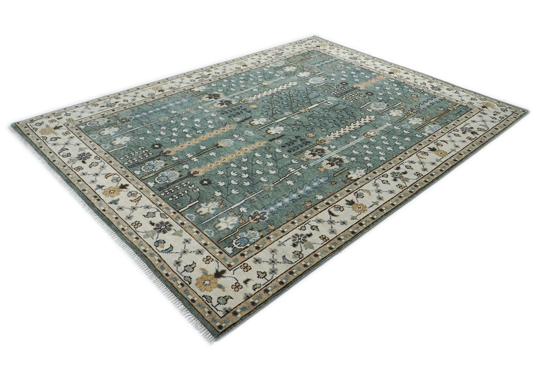 9x12 Celadon, Beige, Brown Color Hand Knotted Oushak Wool Transitional Oriental Rug