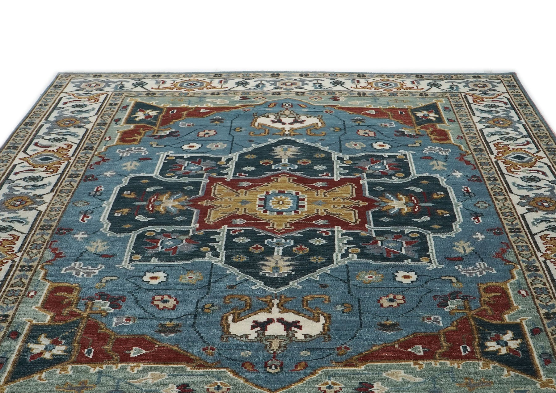 9x12 Blue, Ivory, Mint Color Hand Knotted Oushak Wool  Oriental Rug