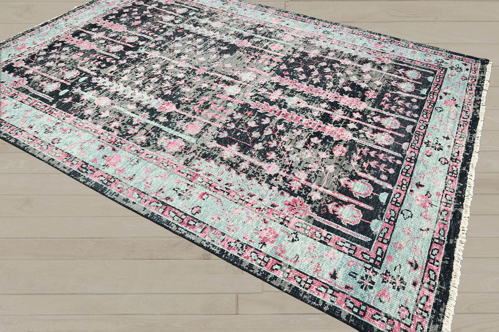 Multi Size Black Gray Mint Color Hand Knotted Indo Oushak Wool Traditional Oriental Rug