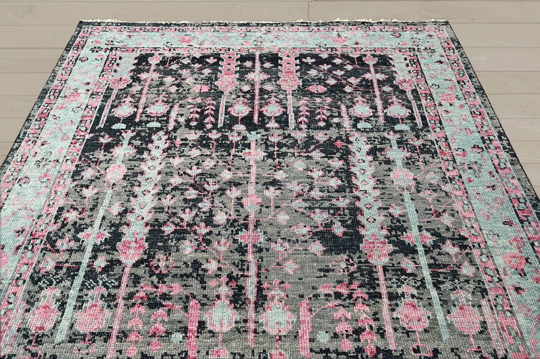 Multi Size Black Gray Mint Color Hand Knotted Indo Oushak Wool Traditional Oriental Rug