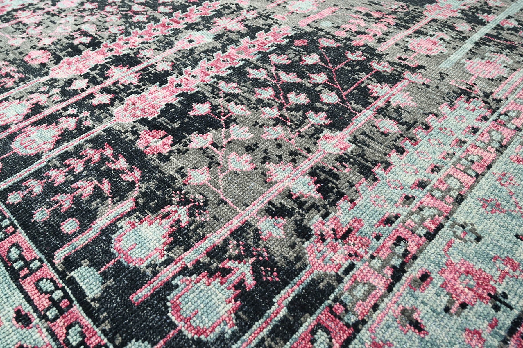 Multi Size Black Gray Mint Color Hand Knotted Indo Oushak Wool Traditional Oriental Rug