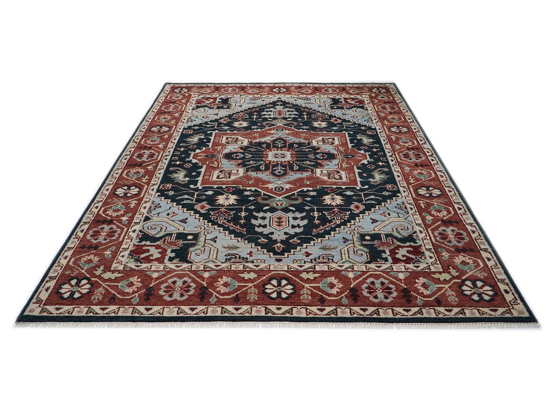 9x12 Blue, Slate, Burnt Orange Color Hand Knotted Oushak Wool  Oriental Rug