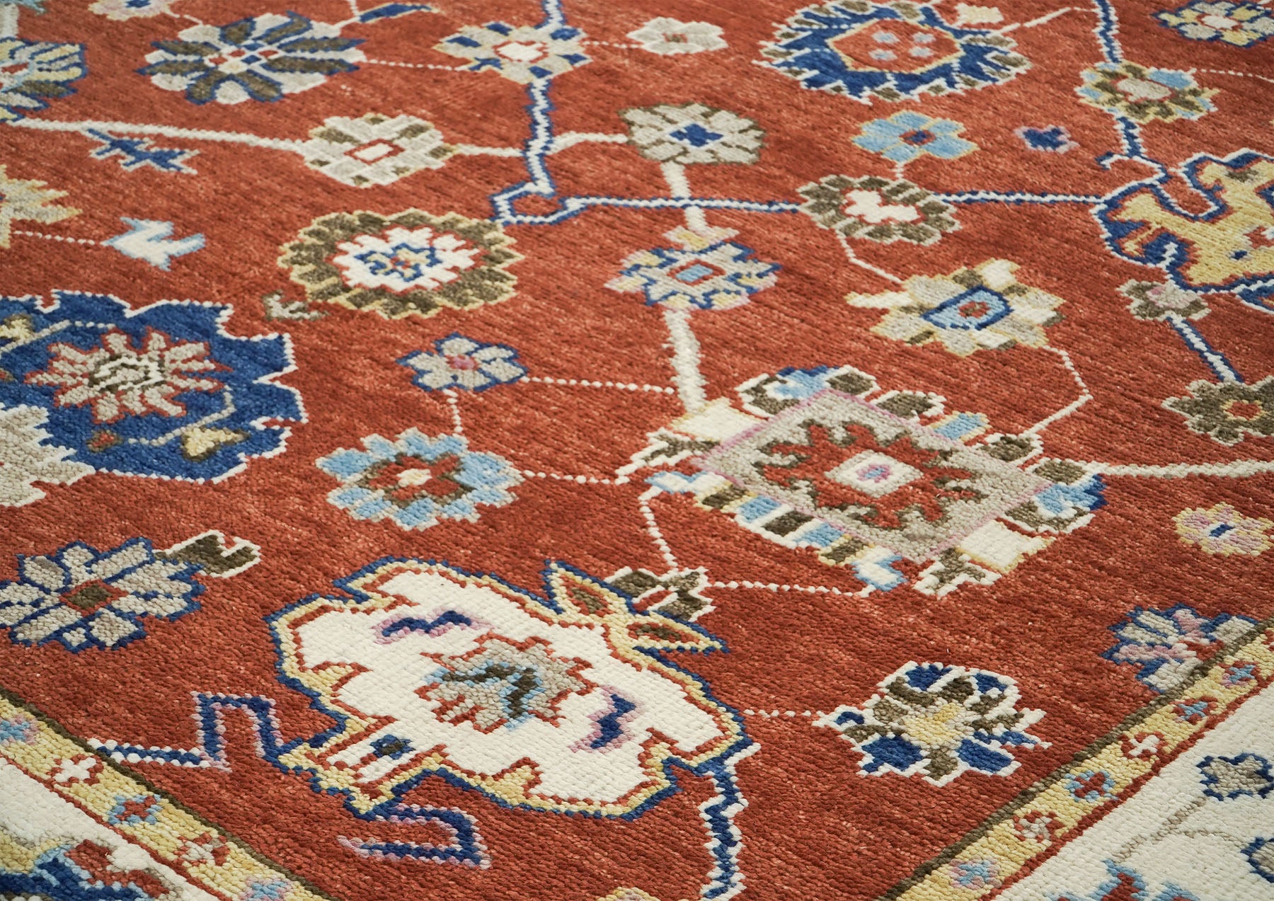 9x12 Burnt Orange, Ivory, Navy Color Hand Knotted Oushak Wool  Oriental Rug