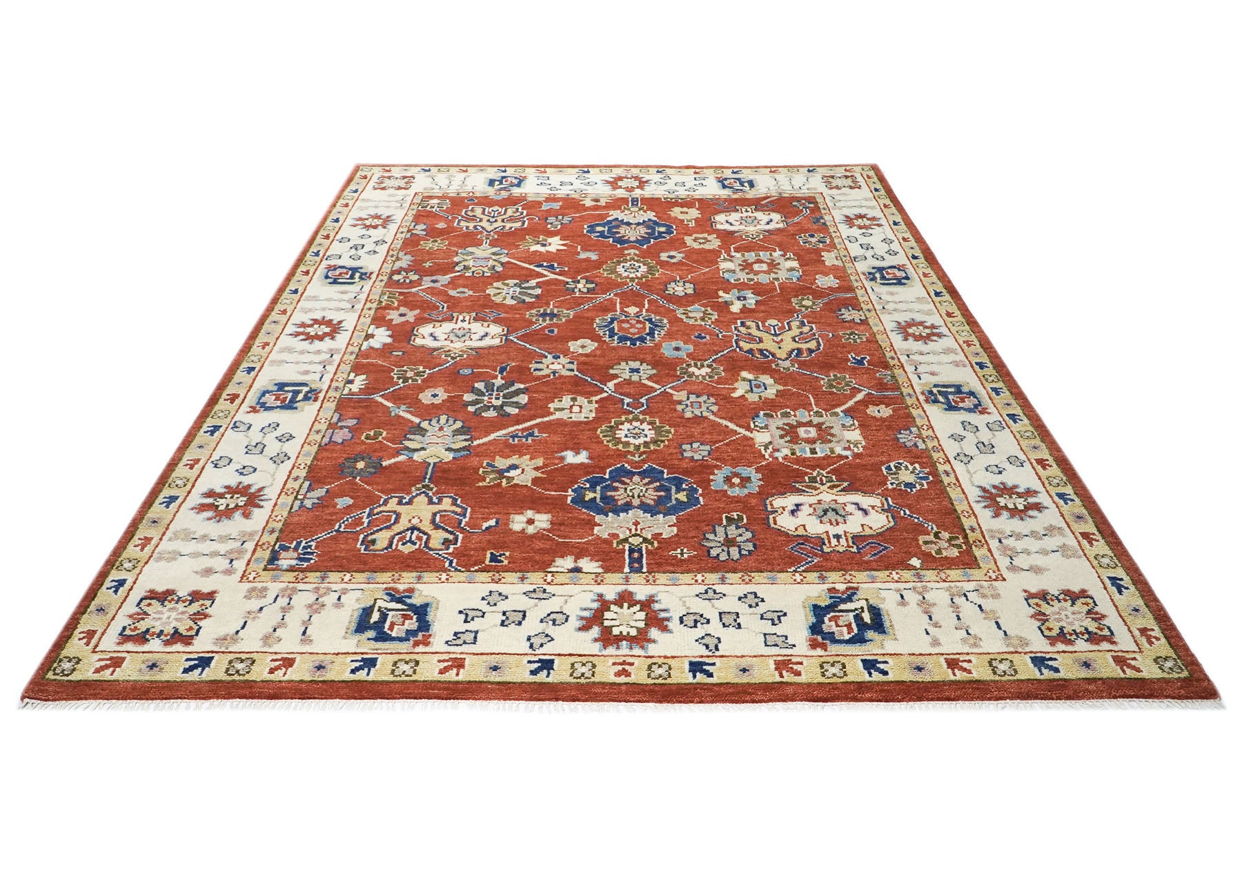 9x12 Burnt Orange, Ivory, Navy Color Hand Knotted Oushak Wool  Oriental Rug