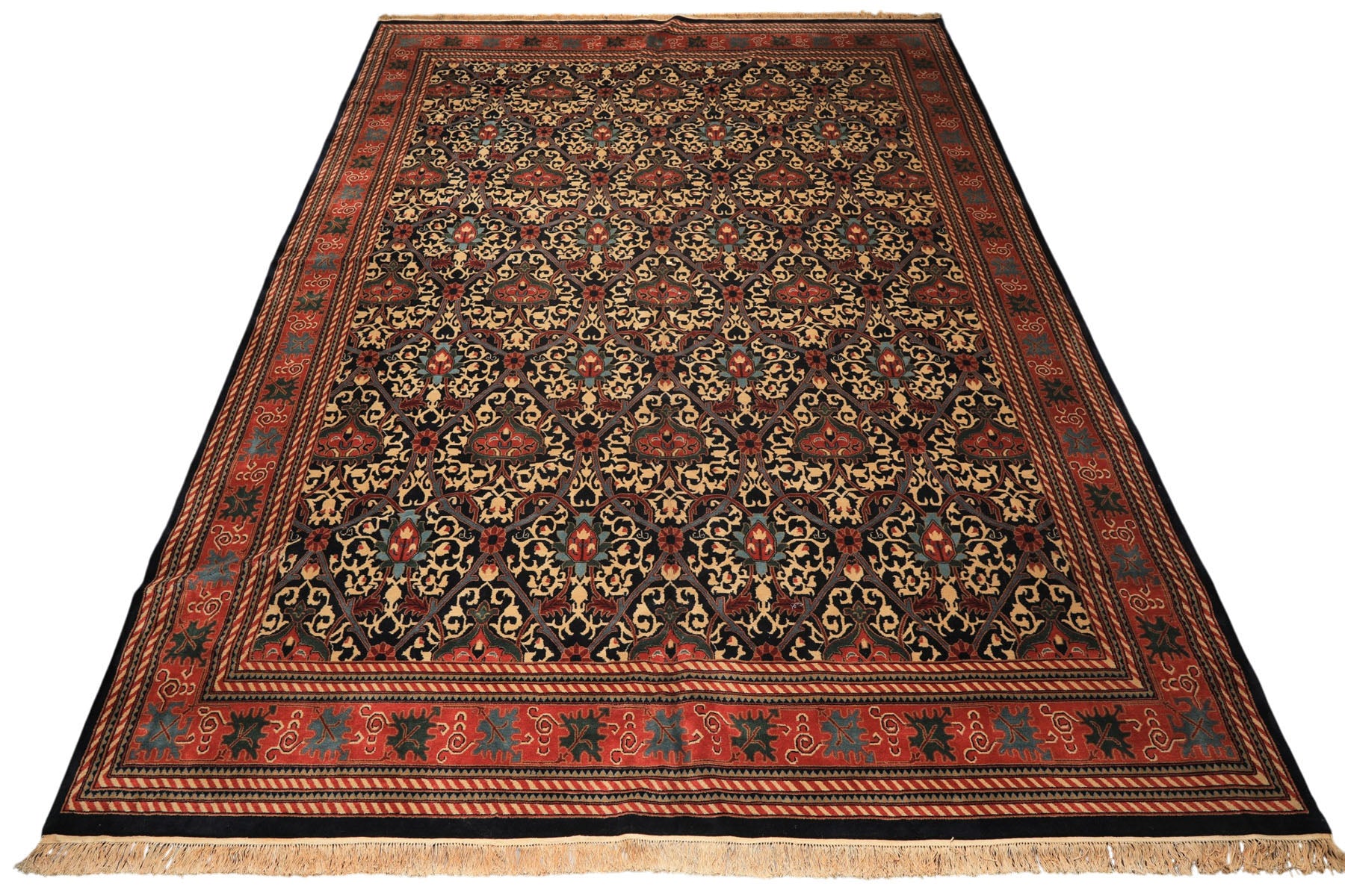 12x15 Mid Night Blue, Rose, Ivory Color Hand Knotted Indo Persian Wool Traditional Oriental Rug