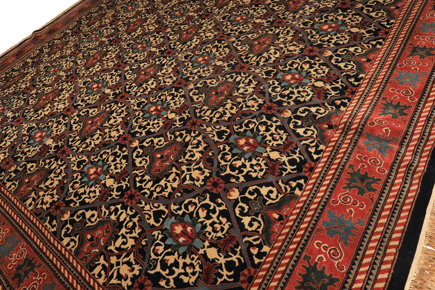 12x15 Mid Night Blue, Rose, Ivory Color Hand Knotted Indo Persian Wool Traditional Oriental Rug