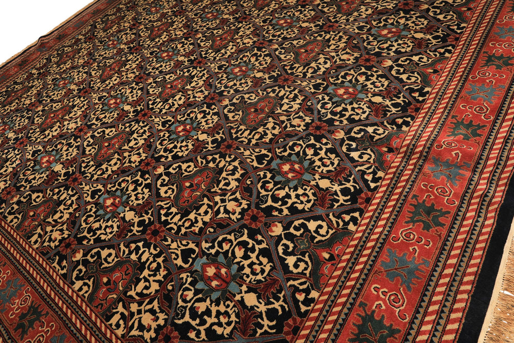 12x15 Mid Night Blue, Rose, Ivory Color Hand Knotted Indo Persian Wool Traditional Oriental Rug