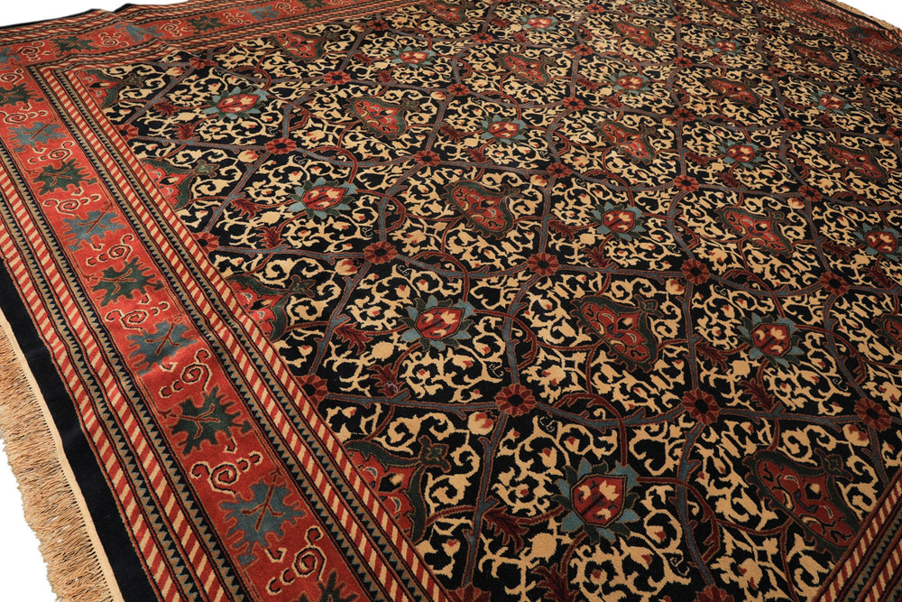 12x15 Mid Night Blue, Rose, Ivory Color Hand Knotted Indo Persian Wool Traditional Oriental Rug