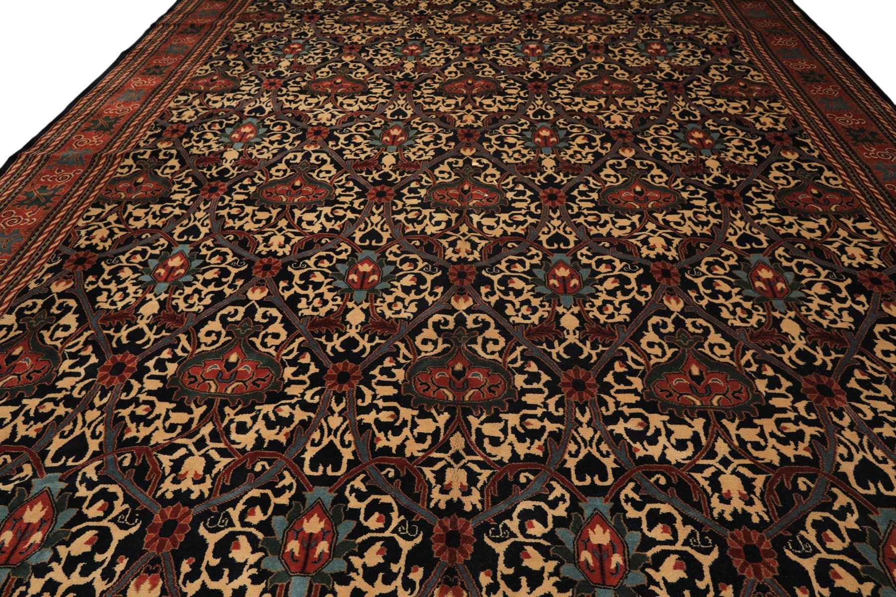12x15 Mid Night Blue, Rose, Ivory Color Hand Knotted Indo Persian Wool Traditional Oriental Rug
