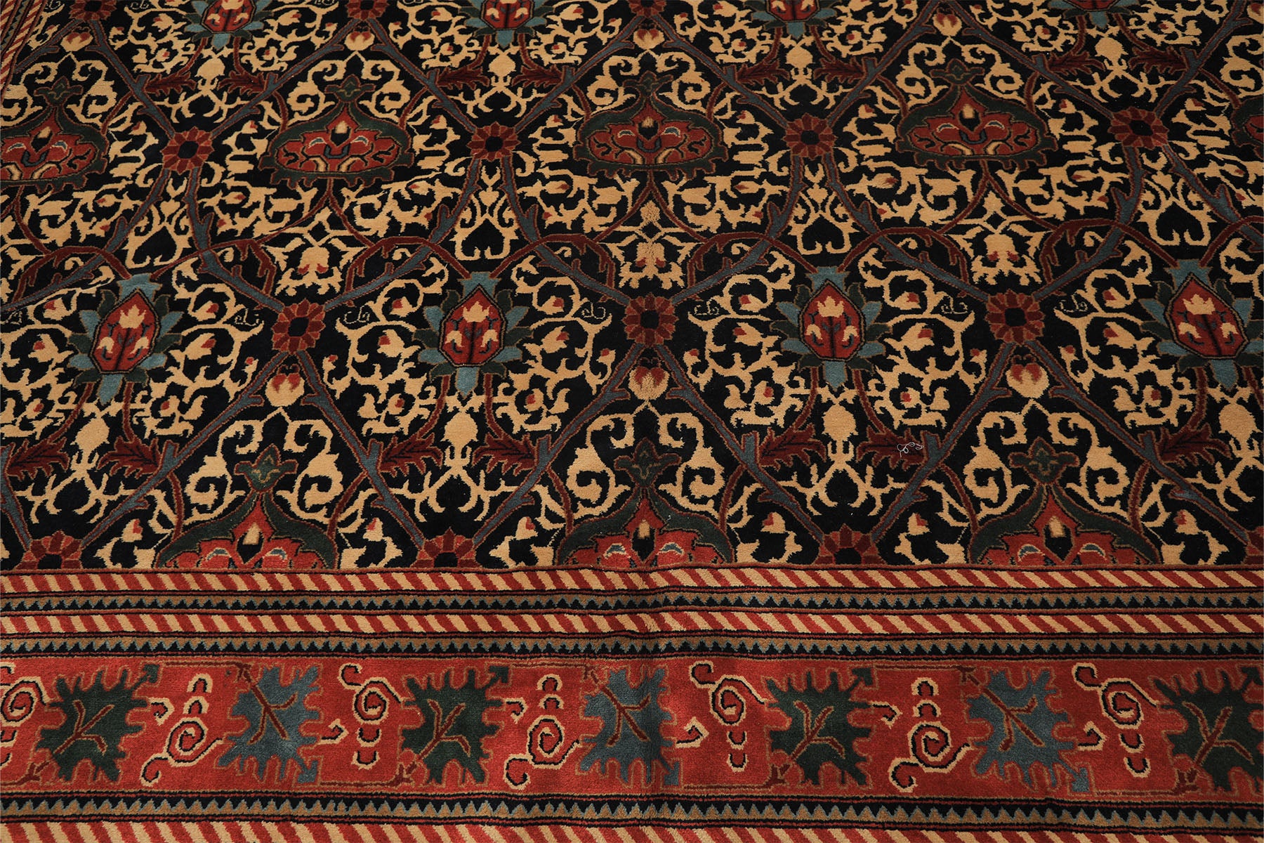 12x15 Mid Night Blue, Rose, Ivory Color Hand Knotted Indo Persian Wool Traditional Oriental Rug