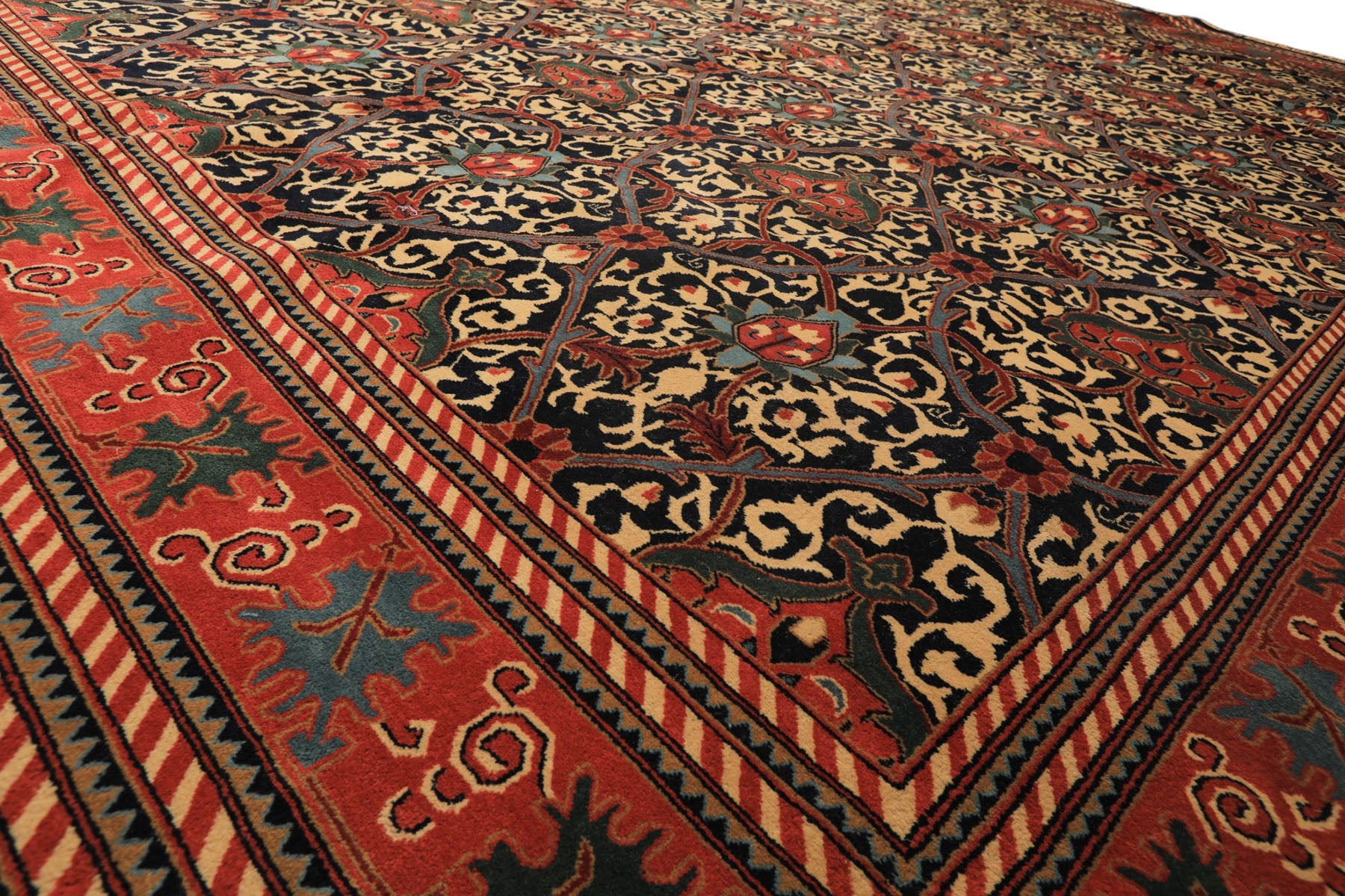 12x15 Mid Night Blue, Rose, Ivory Color Hand Knotted Indo Persian Wool Traditional Oriental Rug