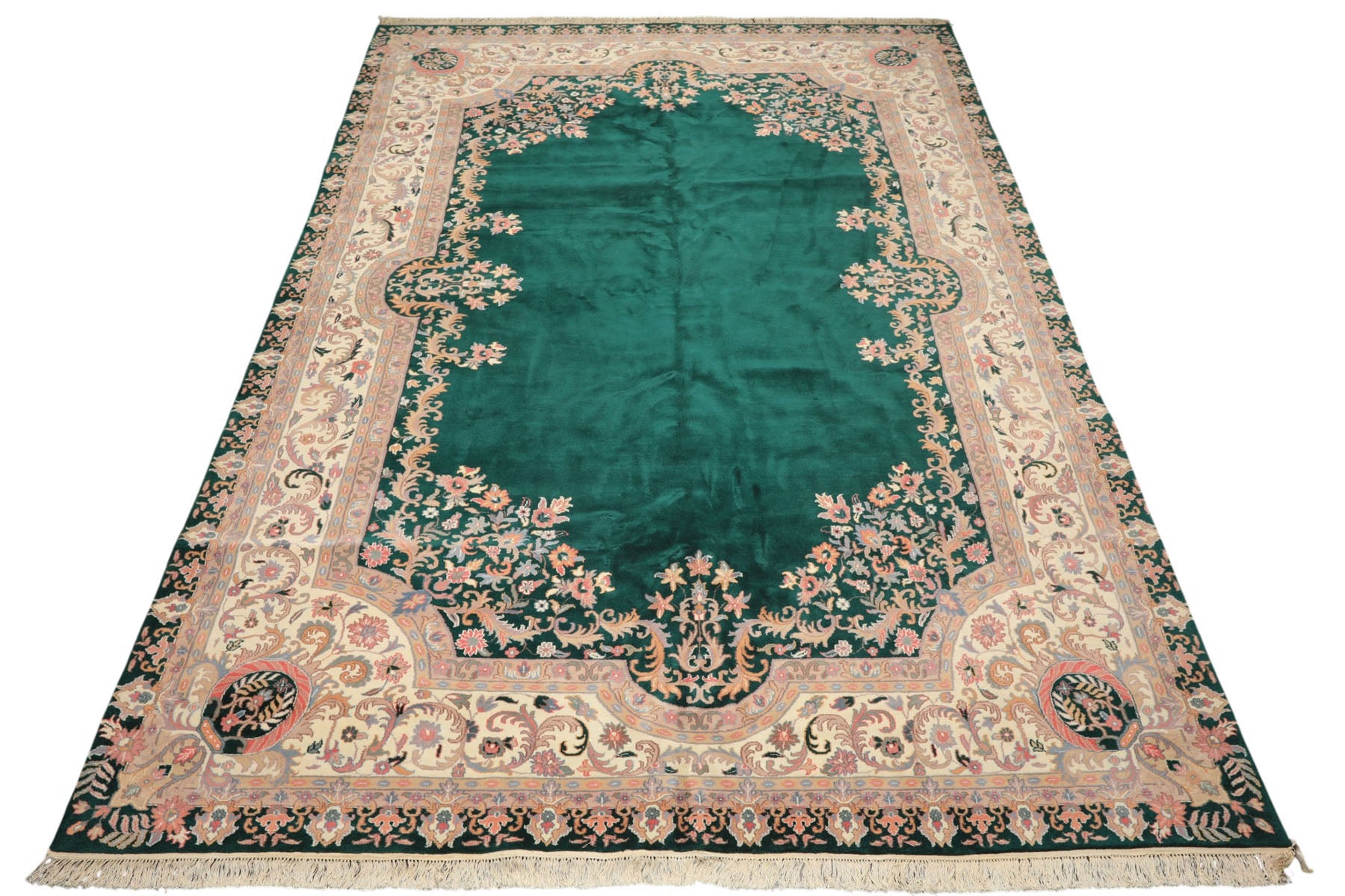 10x14 Emarald, Ivory, Rose Color Hand Knotted Kerman Wool Traditional Oriental Rug