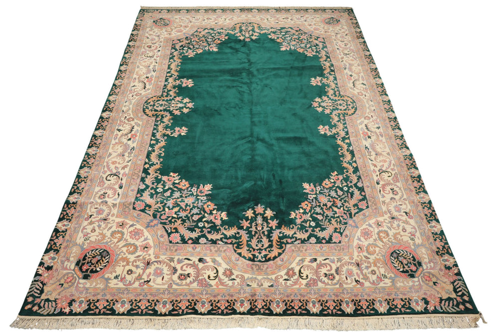 10x14 Emarald, Ivory, Rose Color Hand Knotted Kerman Wool Traditional Oriental Rug
