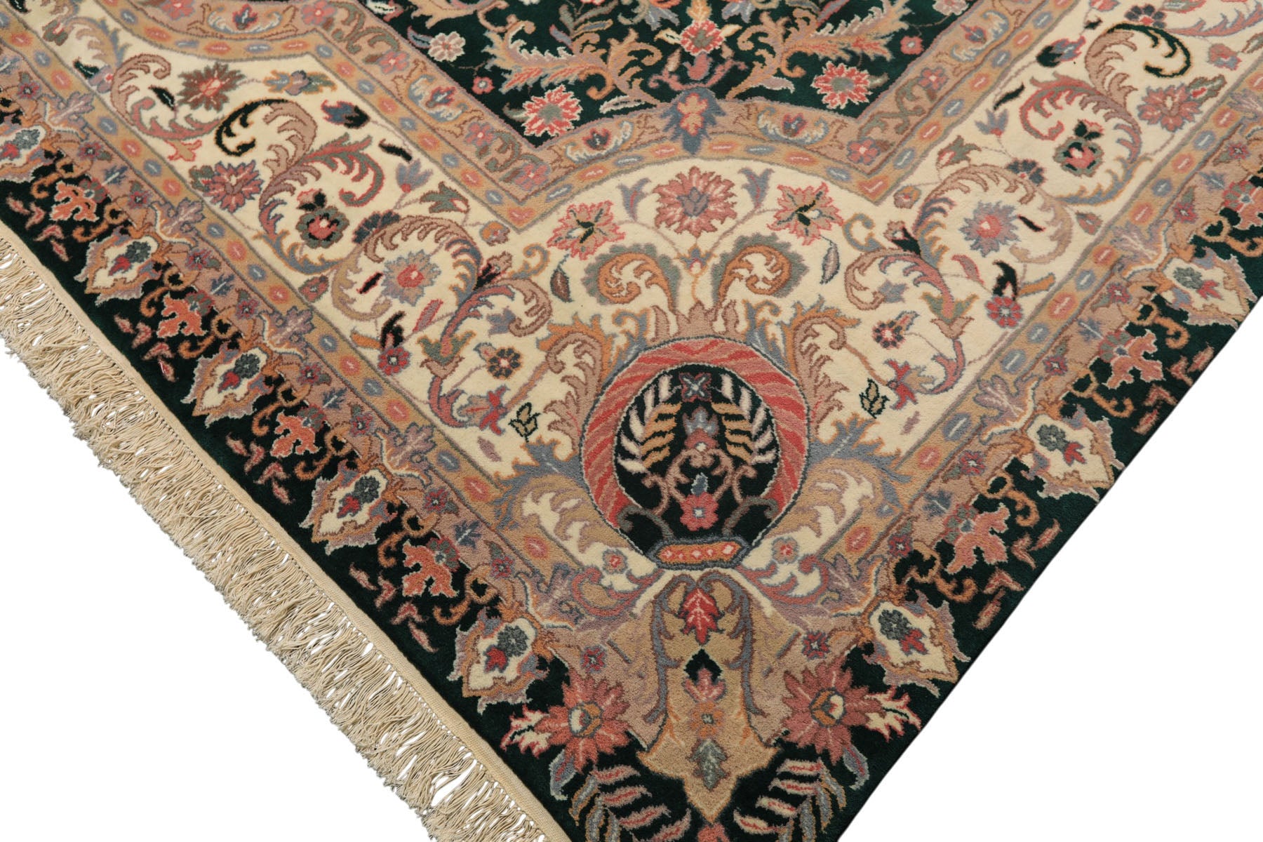 10x14 Emarald, Ivory, Rose Color Hand Knotted Kerman Wool Traditional Oriental Rug