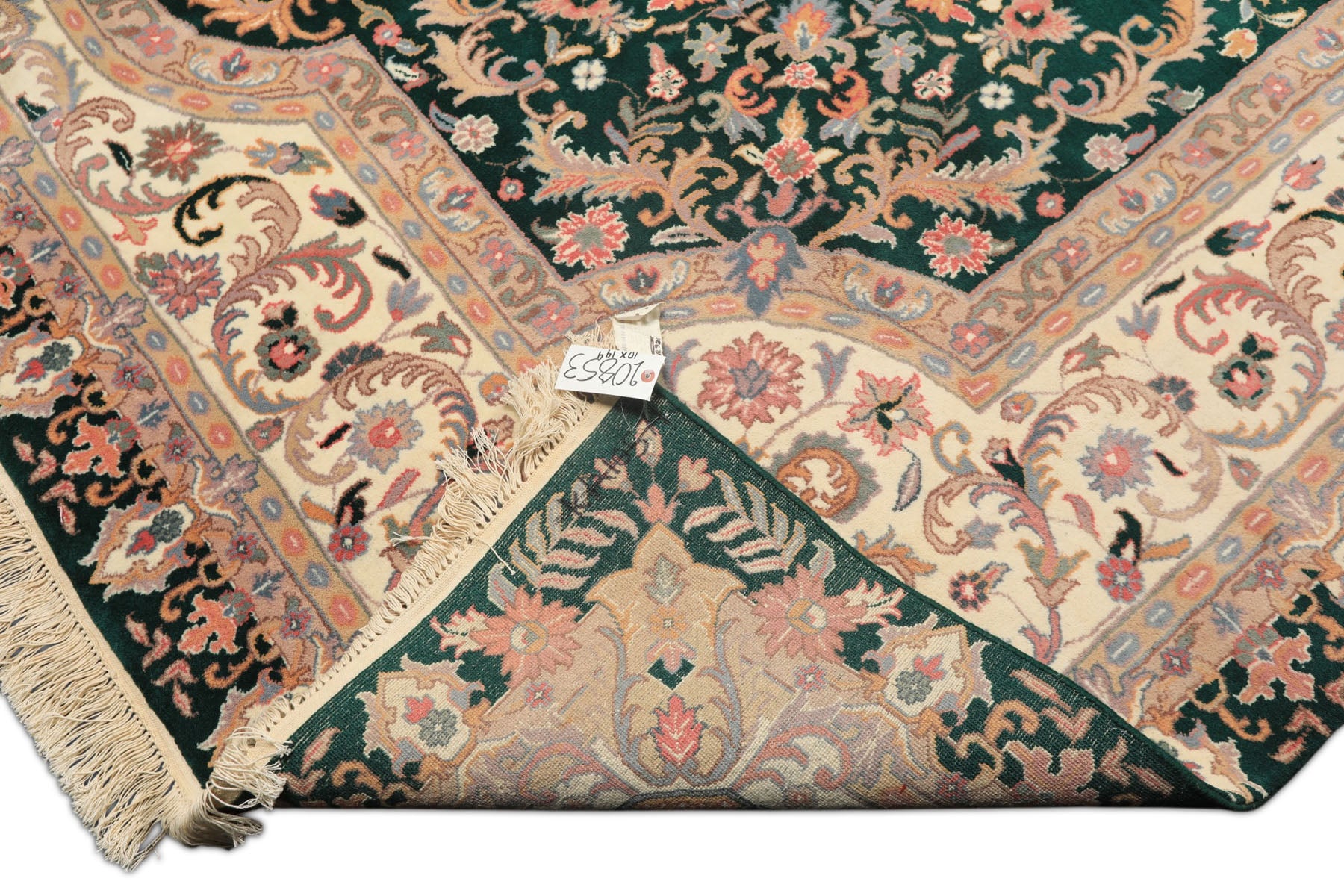 10x14 Emarald, Ivory, Rose Color Hand Knotted Kerman Wool Traditional Oriental Rug
