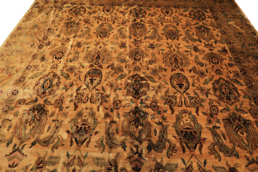 10x14 Light Gold, Brown, Turquoise Color Hand Knotted Oushak New Zealand Wool Transitional Oriental Rug