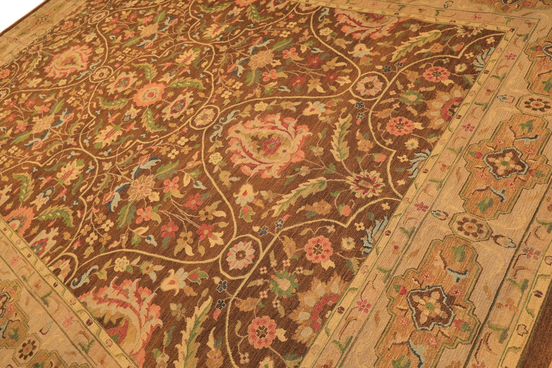 10x14 Brown, Moss, Gold Color Hand Knotted Soumak Wool Transitional Oriental Rug