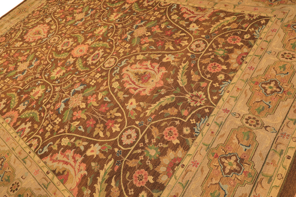 10x14 Brown, Moss, Gold Color Hand Knotted Soumak Wool Transitional Oriental Rug