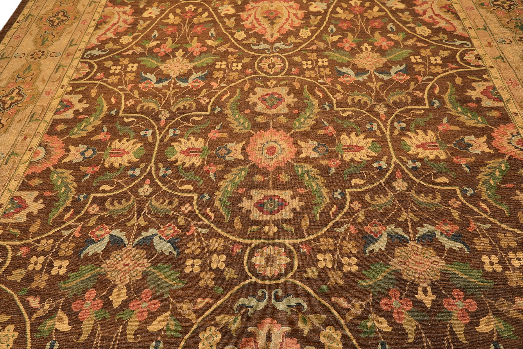 10x14 Brown, Moss, Gold Color Hand Knotted Soumak Wool Transitional Oriental Rug