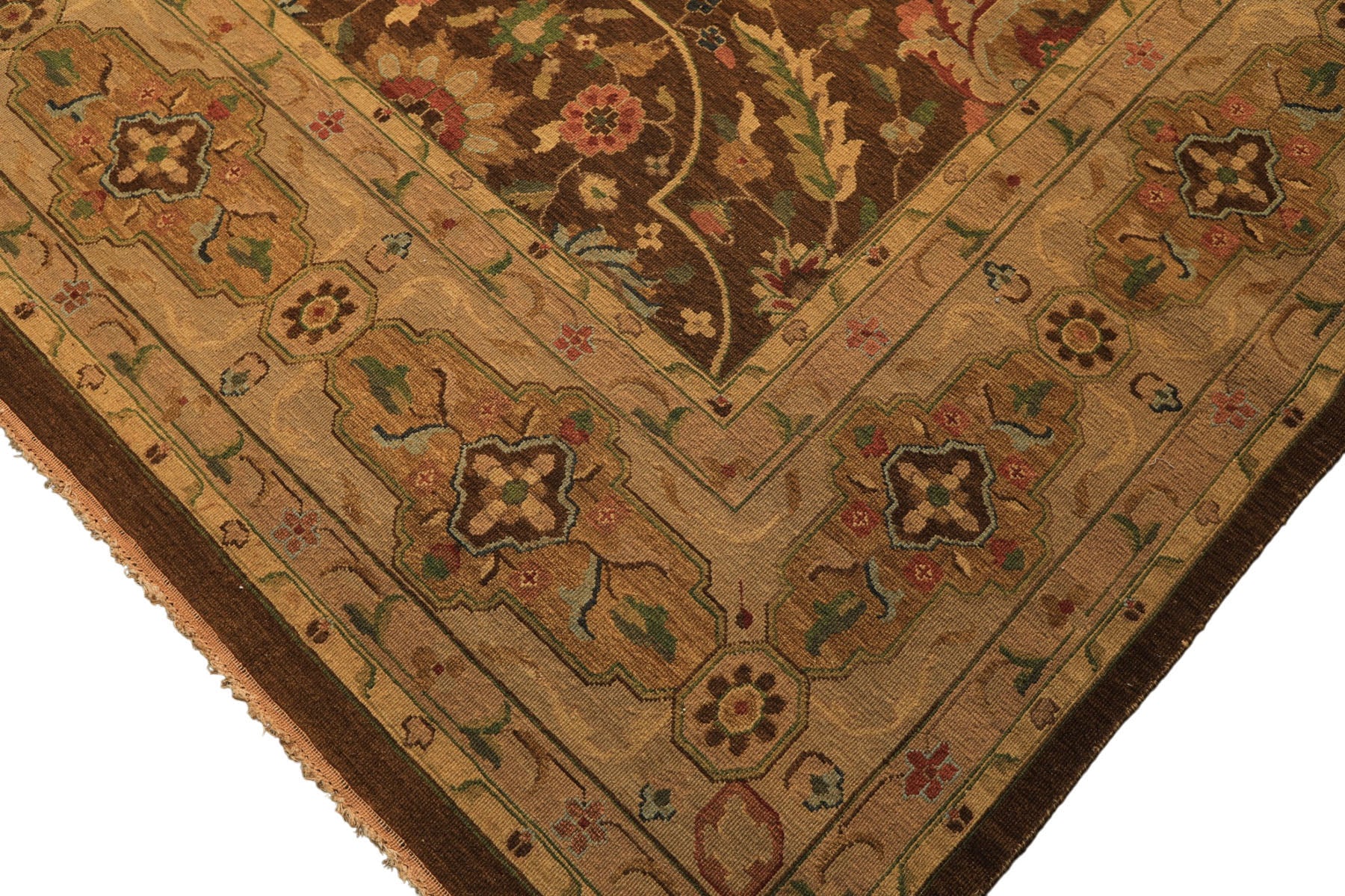 10x14 Brown, Moss, Gold Color Hand Knotted Soumak Wool Transitional Oriental Rug