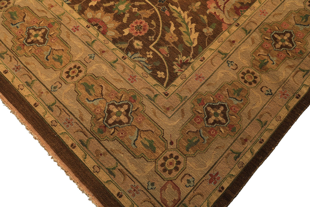 10x14 Brown, Moss, Gold Color Hand Knotted Soumak Wool Transitional Oriental Rug