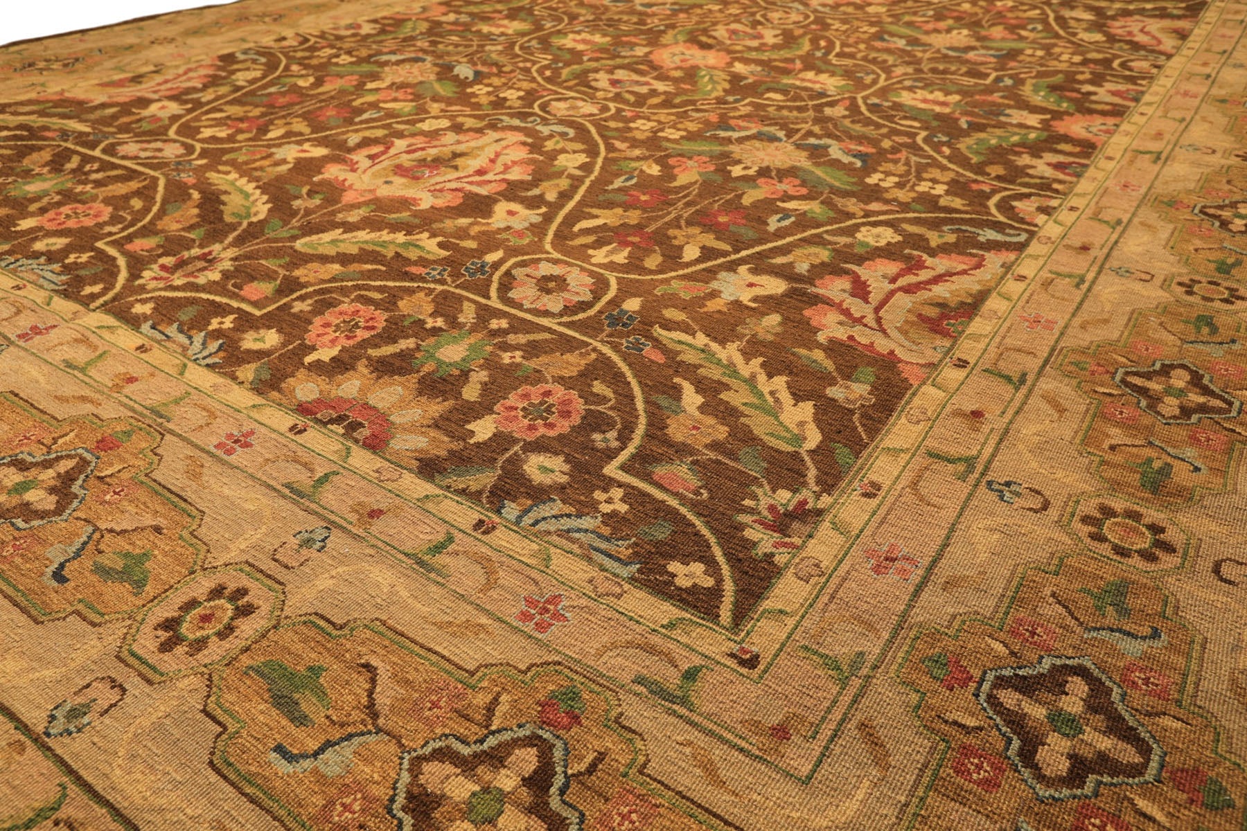 10x14 Brown, Moss, Gold Color Hand Knotted Soumak Wool Transitional Oriental Rug
