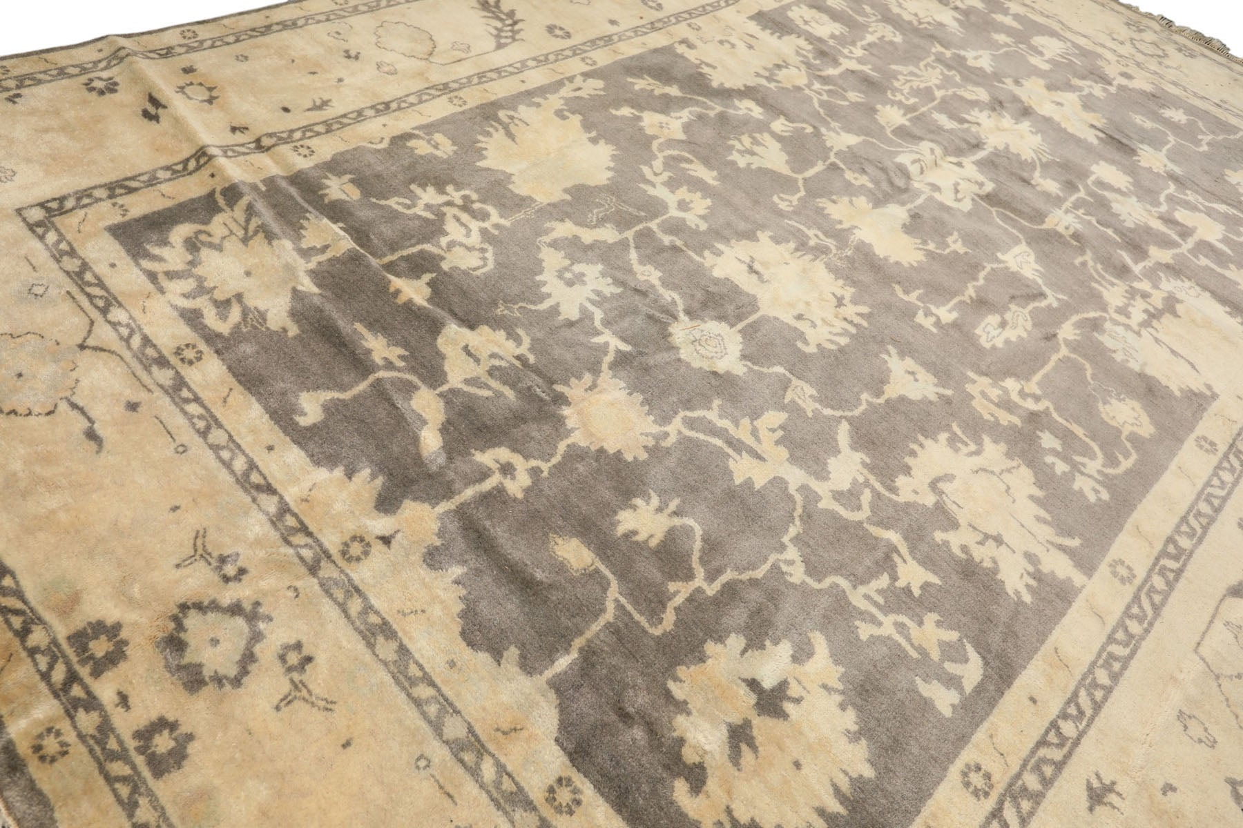 Palace Gray, Ivory, Light Gold Color Hand Knotted Oushak Wool Transitional Oriental Rug