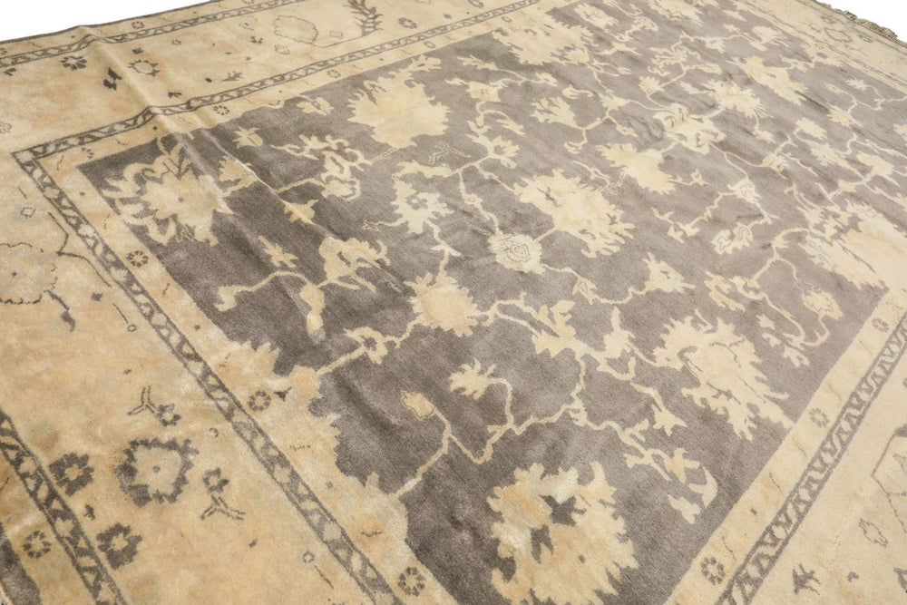 Palace Gray, Ivory, Light Gold Color Hand Knotted Oushak Wool Transitional Oriental Rug